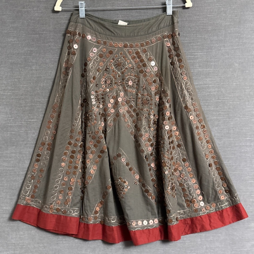 Vintage Bizz Skirt S Green Cotton Metal Beaded Festival Ren‎ Fair Gypsy Midi